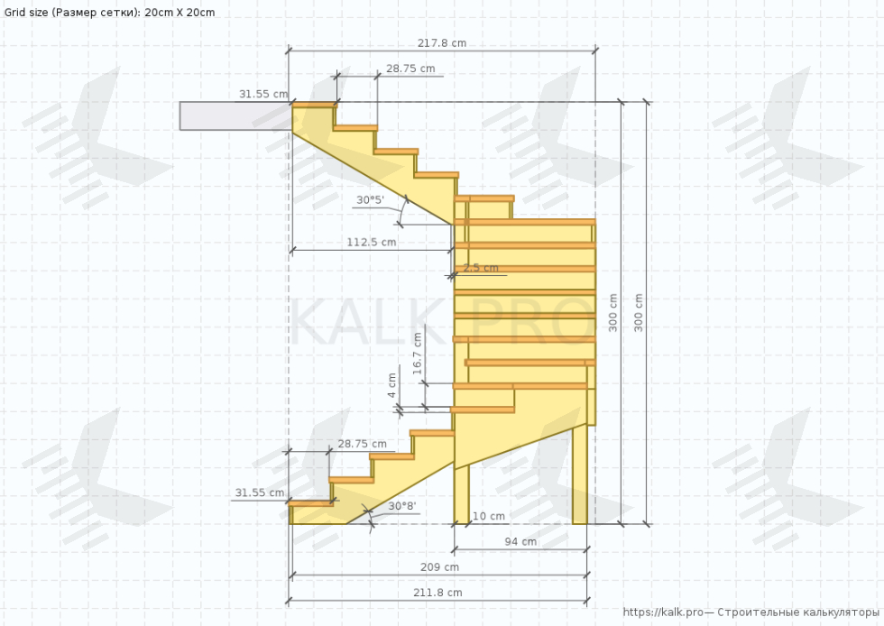Чертеж лестницы на 180° с восемью забежными ступенями - КАЛК.ПРО Чертеж лестницы на 180° с восемью забежными ступенями