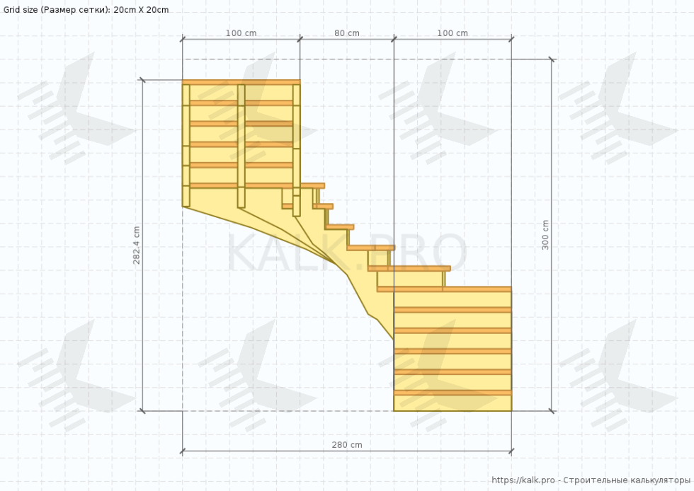 Чертеж забежной лестницы на 180° - КАЛК.ПРО Чертеж забежной лестницы на 180°
