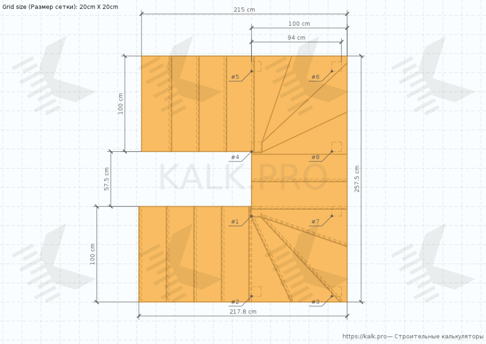 Чертеж лестницы на 180° с восемью забежными ступенями - КАЛК.ПРО Чертеж лестницы на 180° с восемью забежными ступенями
