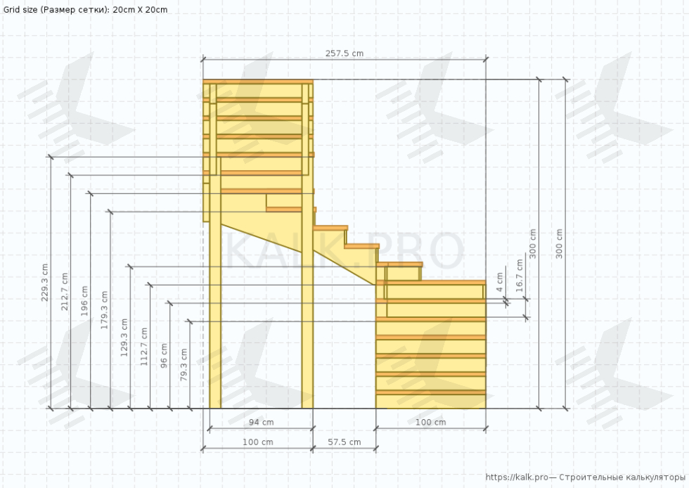 Чертеж лестницы на 180° с восемью забежными ступенями - КАЛК.ПРО Чертеж лестницы на 180° с восемью забежными ступенями