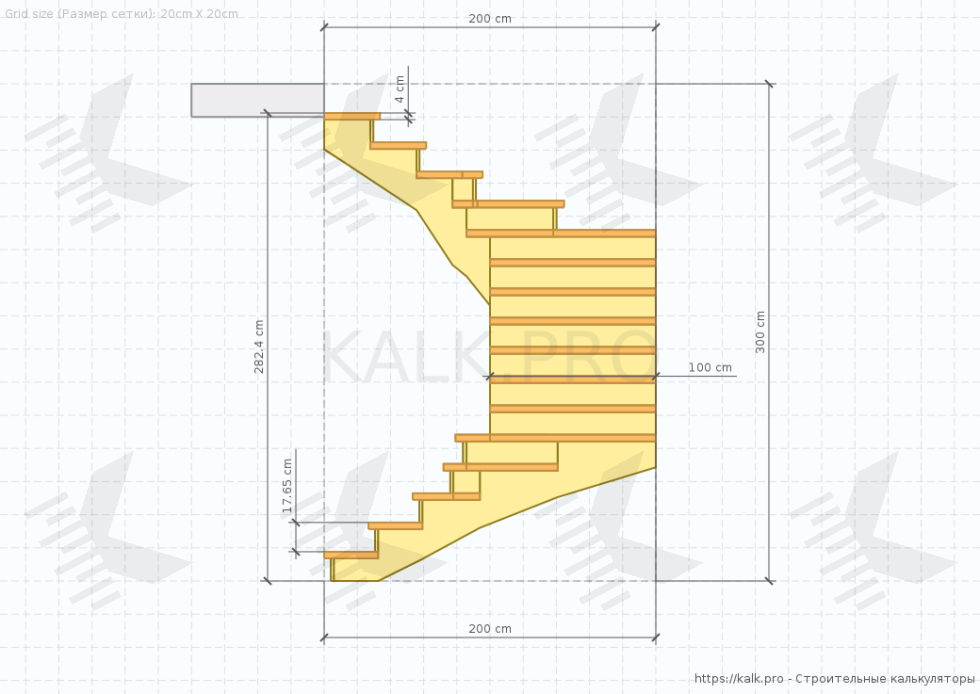 Чертеж забежной лестницы на 180° - КАЛК.ПРО Чертеж забежной лестницы на 180°