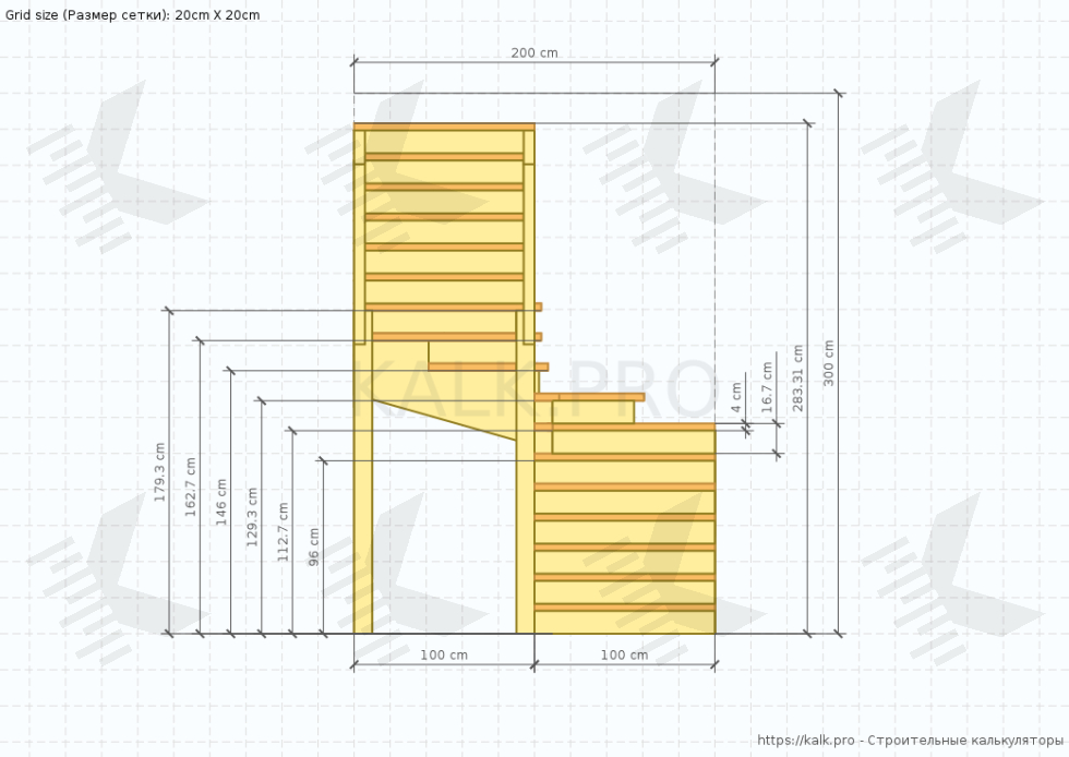 Чертеж лестницы на 180° с шестью забежными ступенями - КАЛК.ПРО Чертеж лестницы на 180° с шестью забежными ступенями