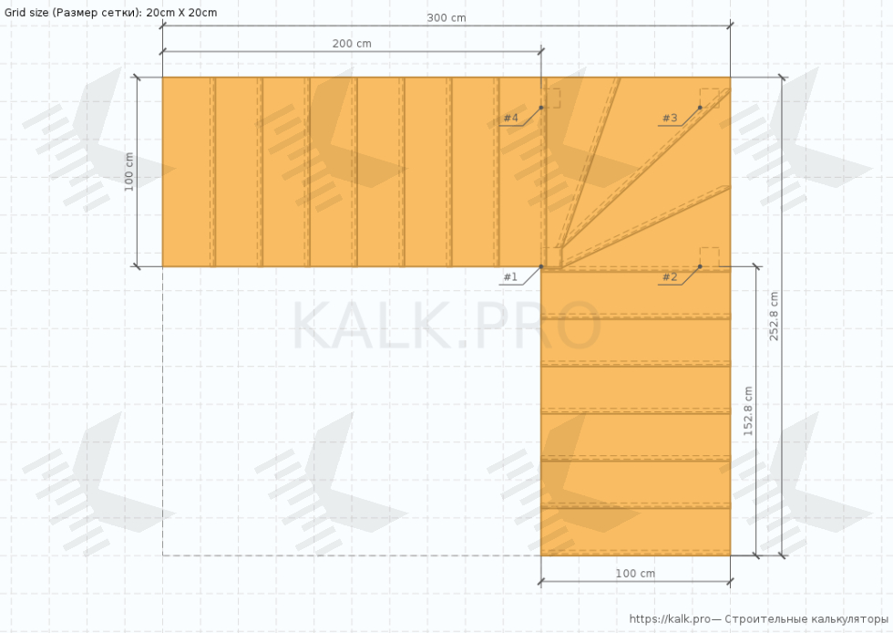 Чертеж лестницы на 90° с четырьмя забежными ступенями - КАЛК.ПРО Чертеж лестницы на 90° с четырьмя забежными ступенями