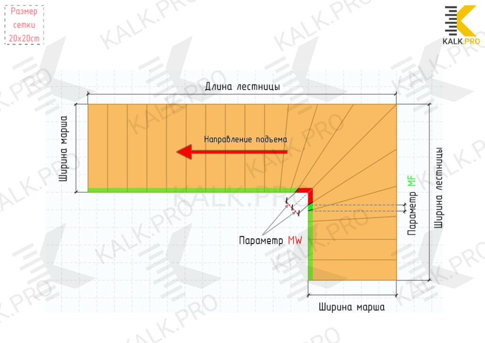 Чертеж лестницы на монокосоуре с поворотом на 90 градусов